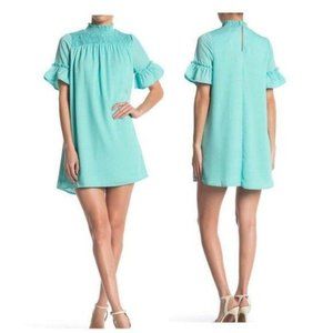 KENEDIK Aqua Smocked Mock Neck Ruffle Sleeve Dress